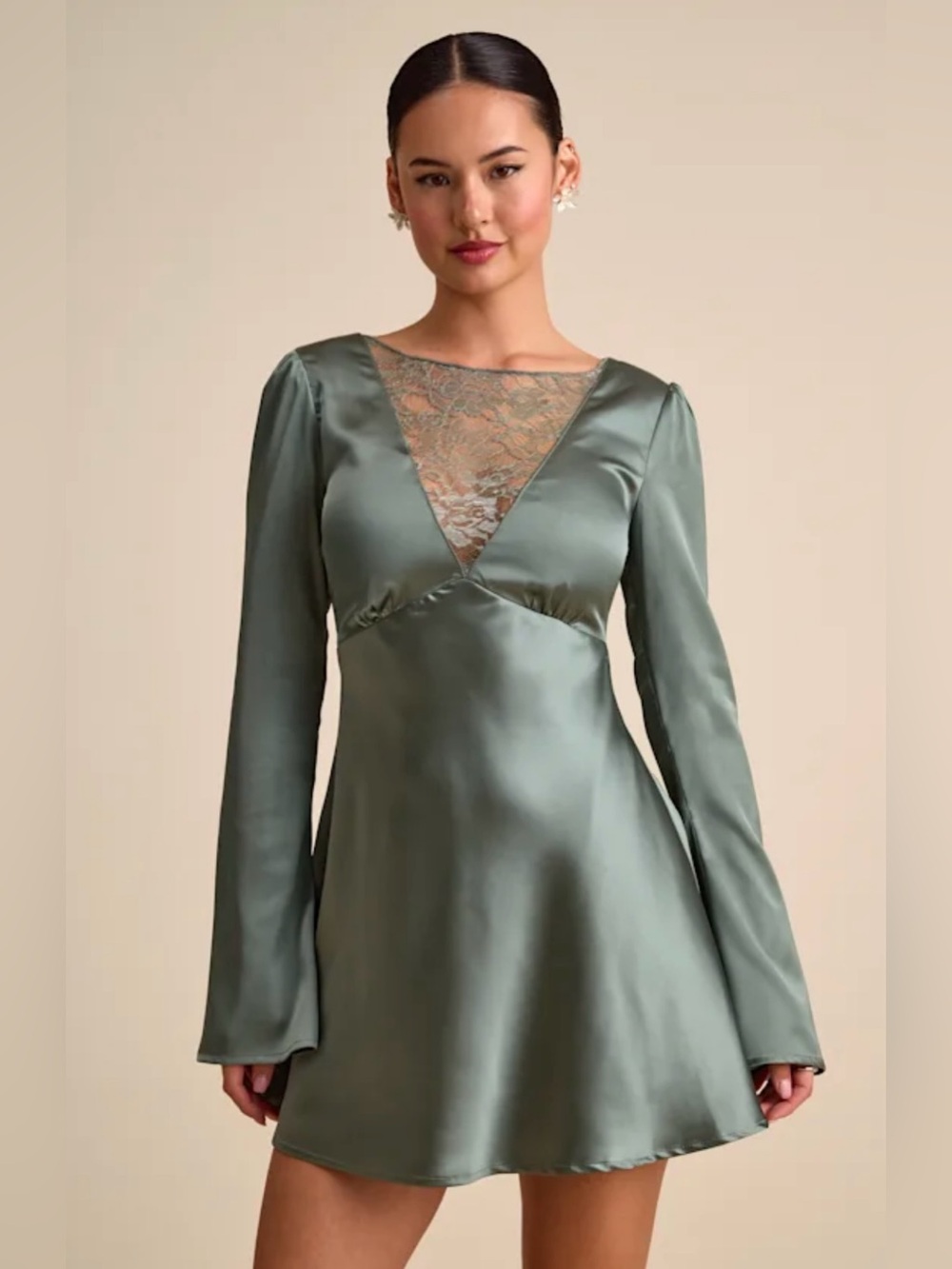 Lulus Emberlyn Long Sleeve Mini Dress | Sage Green Satin Lace | Size XL NWT